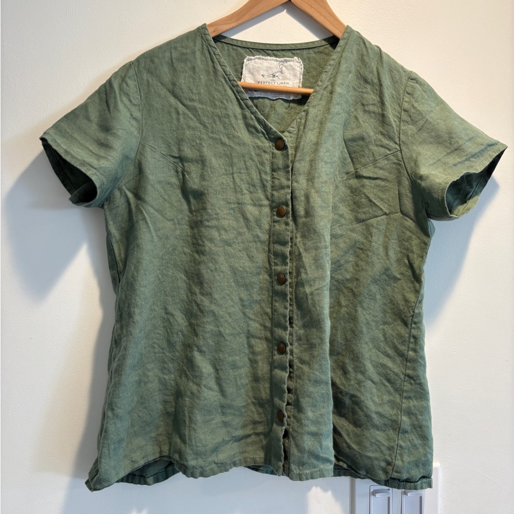notPERFECTLINEN Vintage Green M Getty Short Sleeve Snap Button Shirt